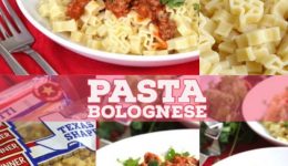 photo of pasta bolognese, using texas shaped noodles