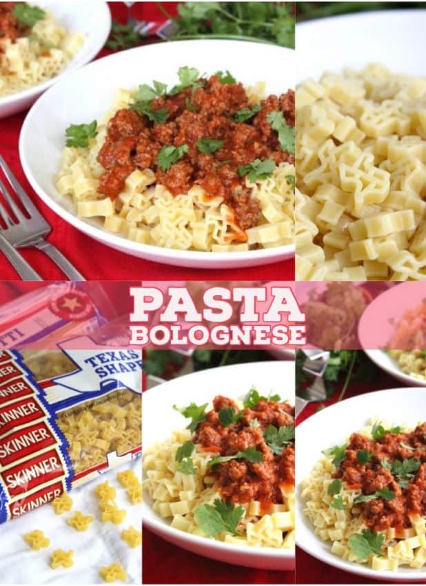 photo of pasta bolognese, using texas shaped noodles